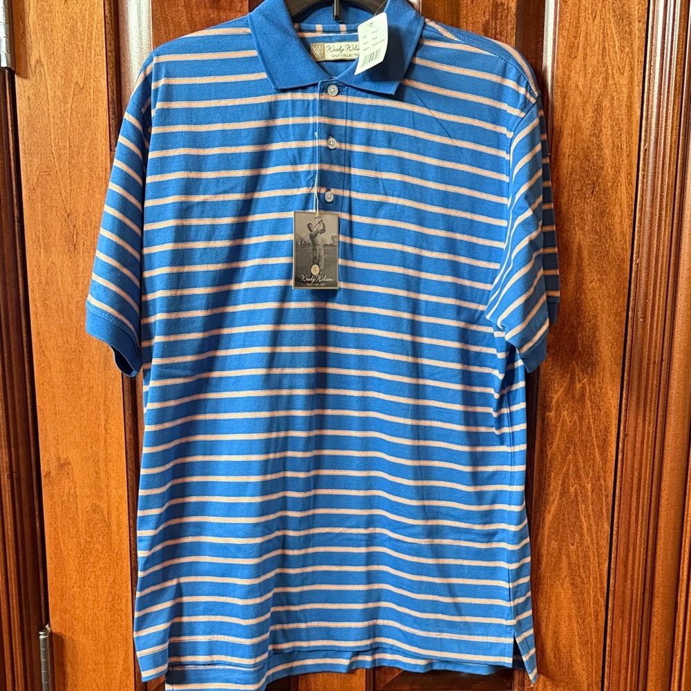 Woody Wilson Golf Collection Blue Orange Striped Polo Shirt NWT Mens Medium